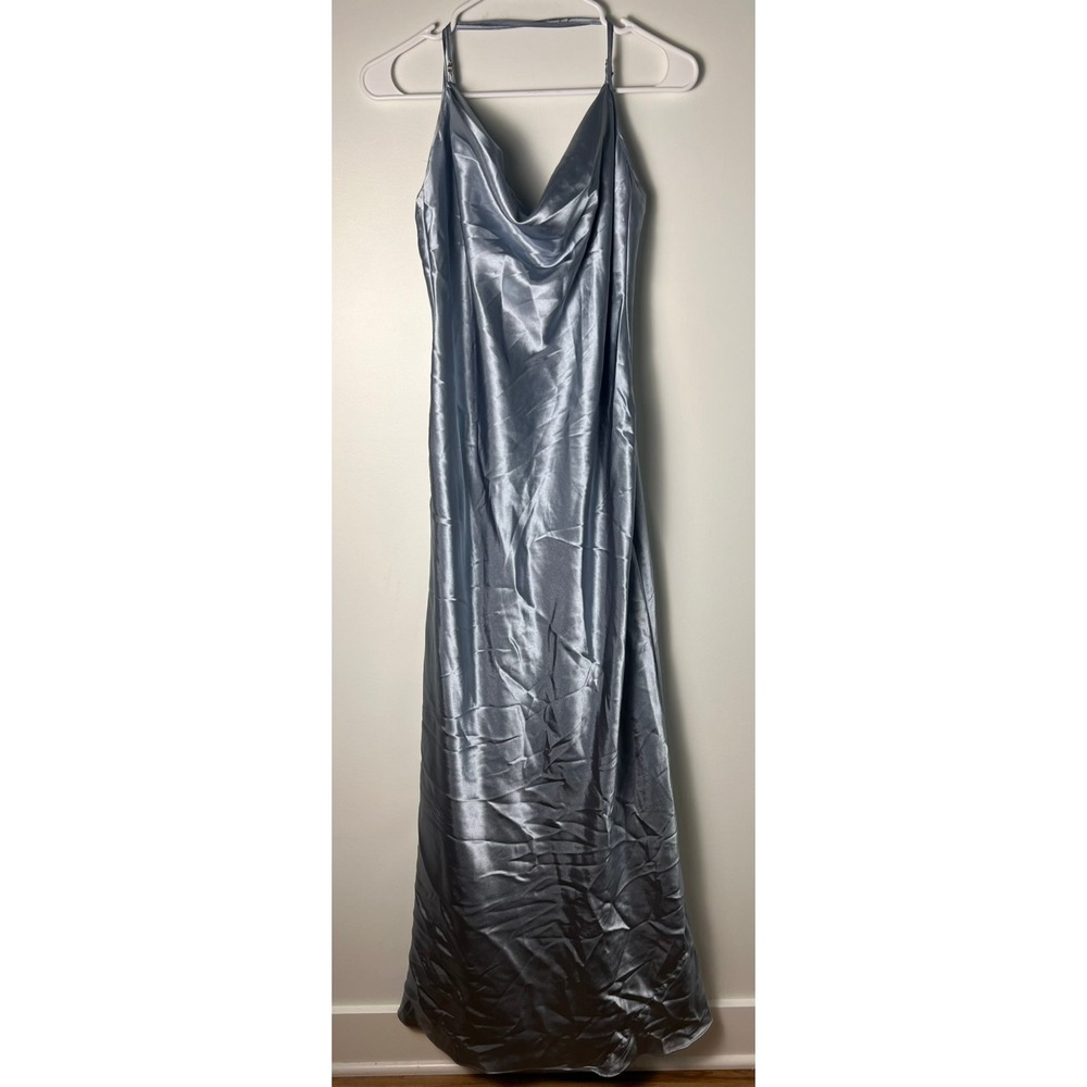 Galina Signature Maxi Dress 10 Blue Satin Cowl Neck Formal Gown 1735 Euro Summer